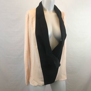 Peach and Black Draped Lapel Chiffon Top